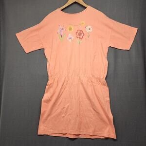 Women Cotton Dress Large/XL Peach Orange Floral Wildflowers USA 90s 1998 Vintage